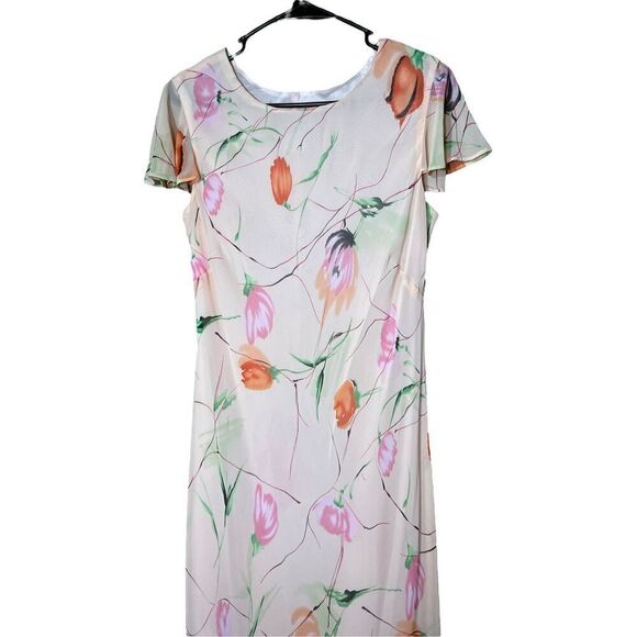 Vintage Y2K Mary McFadden Pink Peach Floral Flutter Cap Sleeve Maxi Dress Size 1 - Picture 2 of 11